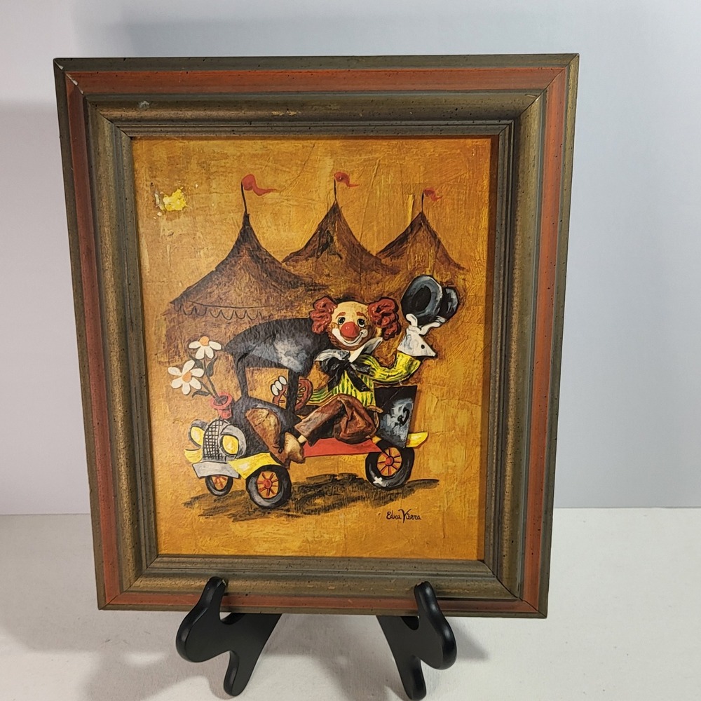 Edna Vierra Vintage Clown Oil Painting Circus Jalopy Car Framed Mid Century Art